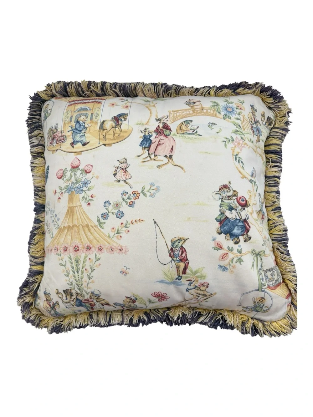 Vintage Storybook Animal Toile Feather Filled Fringe Pillow 17x17